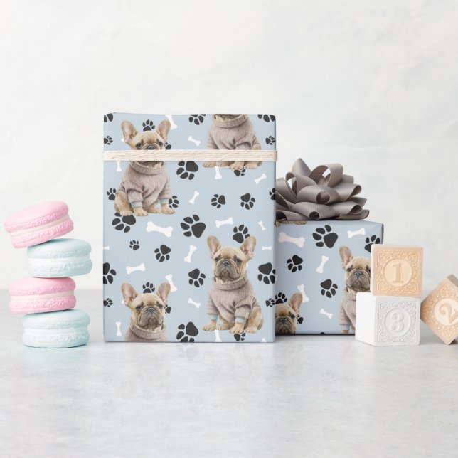 French Bulldog Sweater Paw Print Pattern Wrapping Paper (Baby Shower)