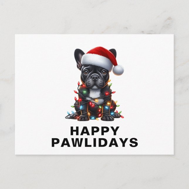 French Bulldog Tangled in Christmas Lights Funny Holiday Postcard (Front)