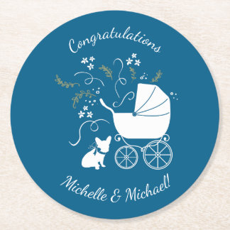 French Bulldog Theme Party - Baby Shower Blue Round Paper Coaster
