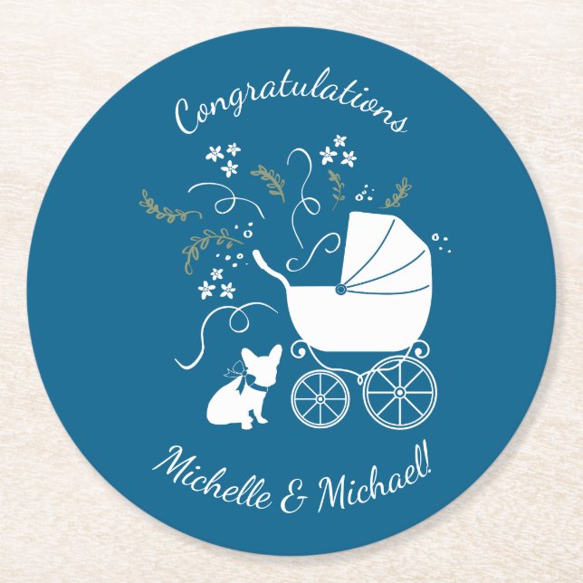 French Bulldog Theme Party - Baby Shower Blue Round Paper Coaster (Front)
