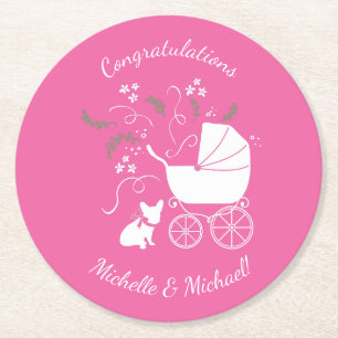 French Bulldog Theme Party - Baby Shower Pink Round Paper Coaster