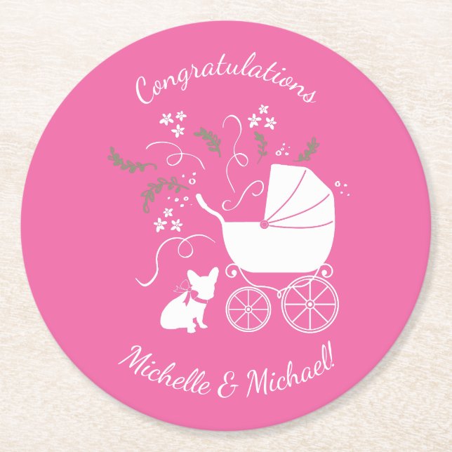 French Bulldog Theme Party - Baby Shower Pink Round Paper Coaster (Front)