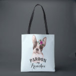 French Bulldog Tote Bag - Blue<br><div class="desc">This fun tote bag has a cute brown and white watercolor French Bulldog with a small bouquet of purple,  peach,  and green watercolor flowers and leaves  sitting on her forehead. The customisable text says "Pardon my Frenchie".</div>