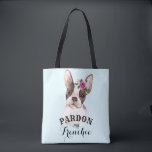 French Bulldog Tote Bag - Blue<br><div class="desc">This fun tote bag has a cute brown and white watercolor French Bulldog with a small bouquet of purple, peach, and green watercolor flowers and leaves sitting on her forehead. The customisable text says "Pardon my Frenchie".</div>