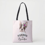 French Bulldog Tote Bag - Pink<br><div class="desc">This fun tote bag has a cute brown and white watercolor French Bulldog with a small bouquet of purple,  peach,  and green watercolor flowers and leaves  sitting on her forehead. The customisable text says "Pardon my Frenchie".</div>