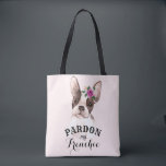 French Bulldog Tote Bag - Pink<br><div class="desc">This fun tote bag has a cute brown and white watercolor French Bulldog with a small bouquet of purple,  peach,  and green watercolor flowers and leaves  sitting on her forehead. The customisable text says "Pardon my Frenchie".</div>