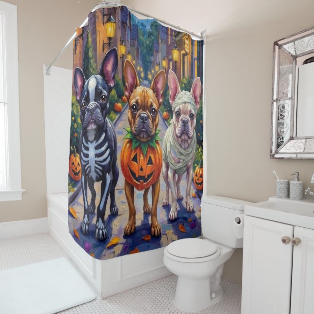 French Bulldog Trick-or-Treating Halloween Costume Shower Curtain (In Situ)