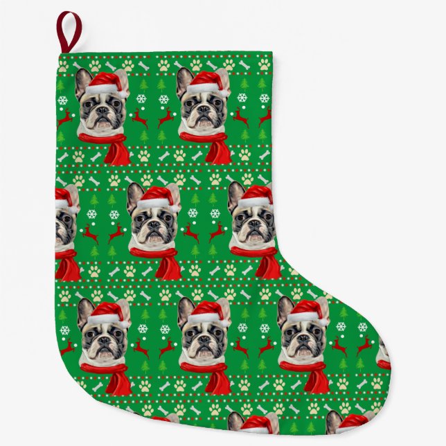 French Bulldog Ugly Christmas Large Christmas Stocking (Front)