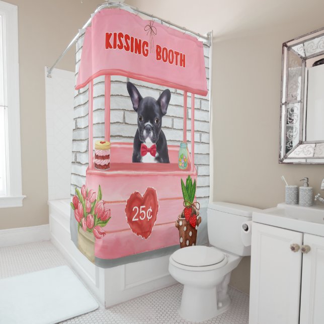 French Bulldog Valentine's Day Kissing Booth Shower Curtain (In Situ)