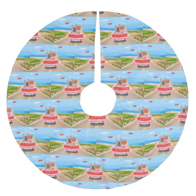French Bulldog Valentine's Day Truck Brushed Polyester Tree Skirt (Front)