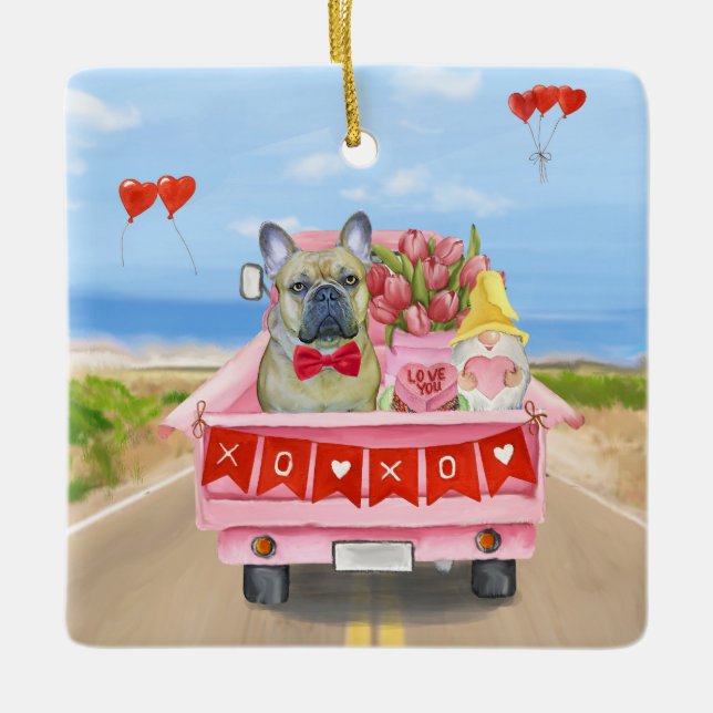 French Bulldog Valentine's Day Truck Ceramic Ornament (Front)
