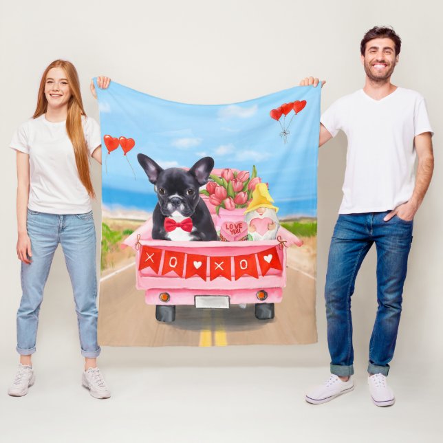 French Bulldog Valentine's Day Truck  Fleece Blanket (In Situ)