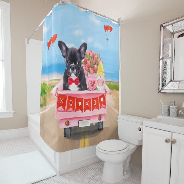 French Bulldog Valentine's Day Truck Shower Curtain (In Situ)