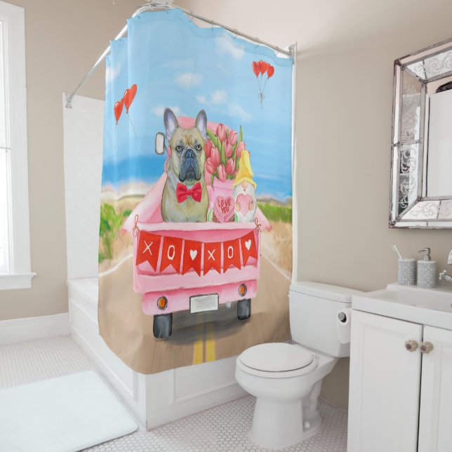 French Bulldog Valentine's Day Truck Shower Curtain (In Situ)