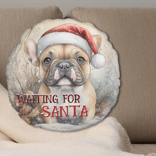French Bulldog Waiting For Santa Christmas Round Cushion