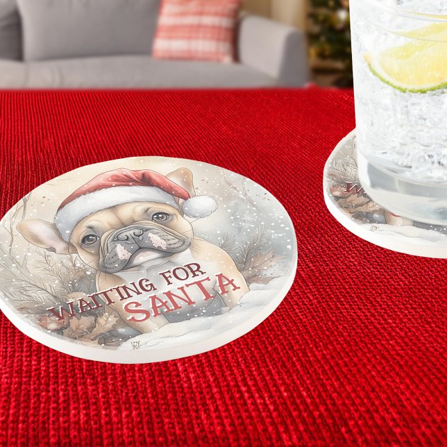 French Bulldog Waiting For Santa Dog Watercolor Coaster (French Bulldog Waiting For Santa Dog Watercolor Coaster - Personalize the message)