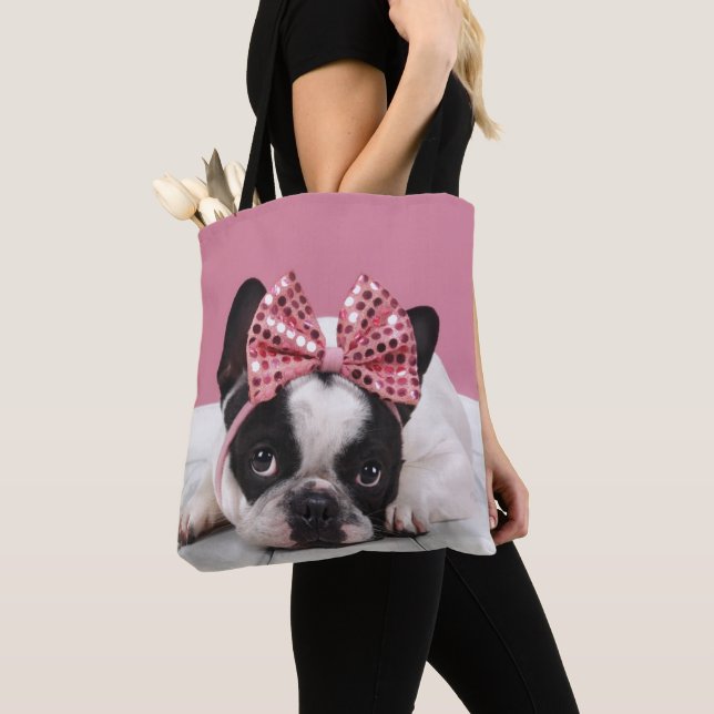 French Bulldog Wearing Pink Tote Bag (Close Up)