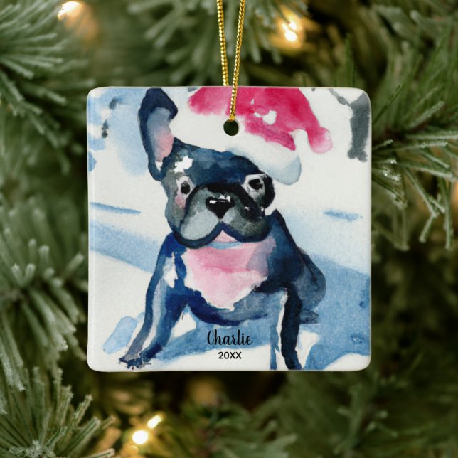 French Bulldog Wearing Santa Hat, Custom Name Year Ceramic Ornament (Tree)