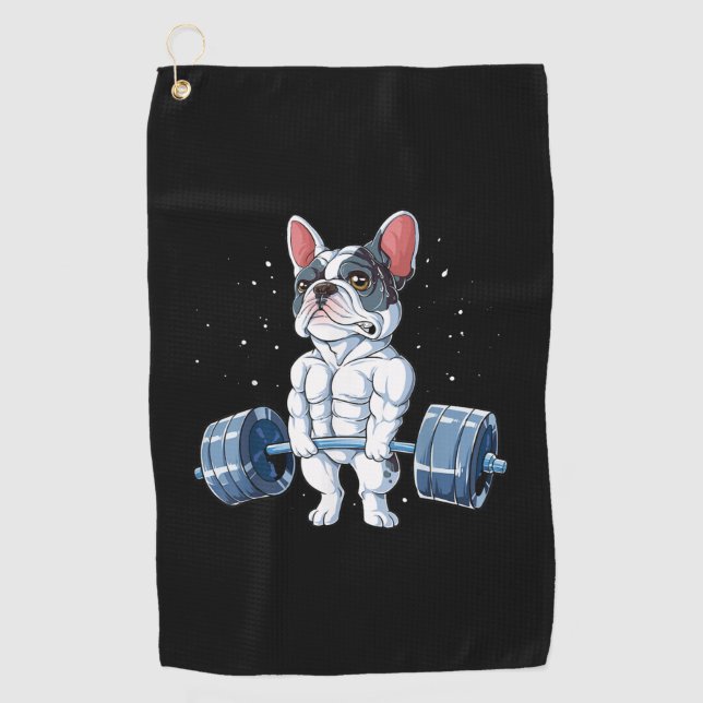 French Bulldog Weightlifting Funny Deadlift Gym Golf Towel (Front)