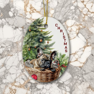 French Bulldog Wicker Basket Christmas Ceramic Tree Decoration