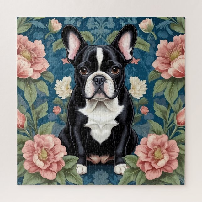 French Bulldog William Morris Inspired Floral Jigsaw Puzzle (Vertical)