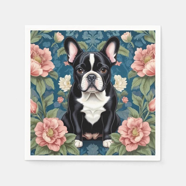 French Bulldog William Morris Inspired Floral Napkin (Front)