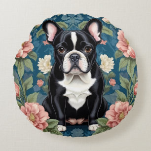 French Bulldog William Morris Inspired Floral Round Cushion