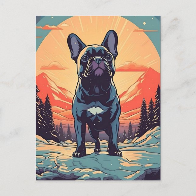 French Bulldog winter mountain forest during sunse Postcard (Front)