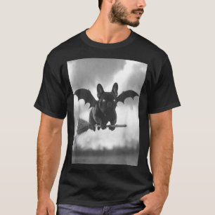 French Bulldog Witch Broom Bat Wings Spooky T-Shirt