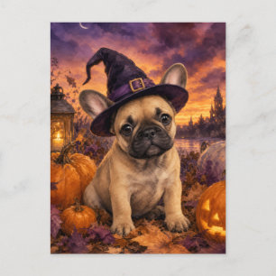French Bulldog Witch Hat Pumpkin Postcard