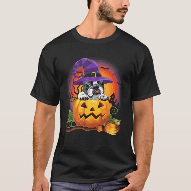 French Bulldog Witch Pumpkin Halloween Dog Lover T-Shirt (Front)
