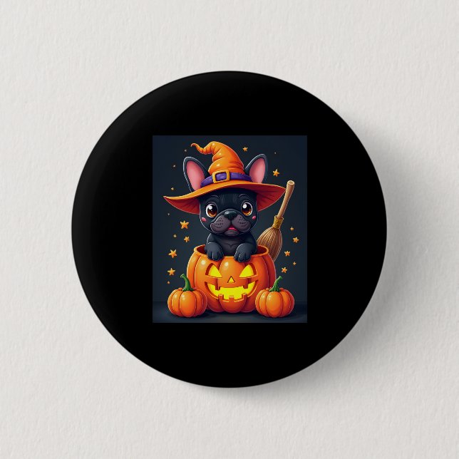 French Bulldog Witch Pumpkin Halloween Mens Womens 6 Cm Round Badge (Front)