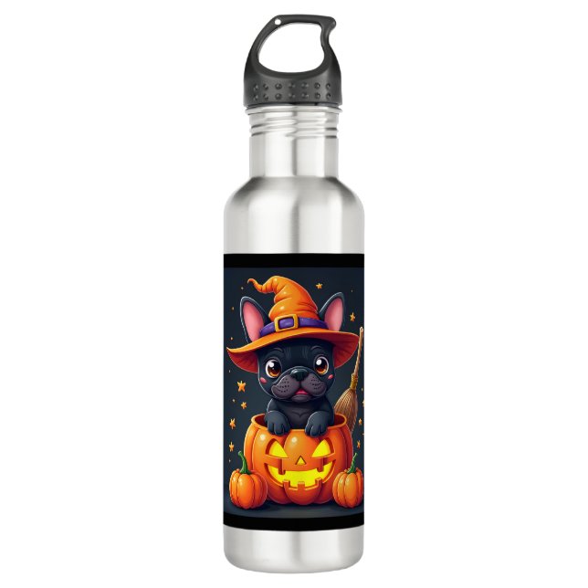 French Bulldog Witch Pumpkin Halloween Mens Womens 710 Ml Water Bottle (Front)