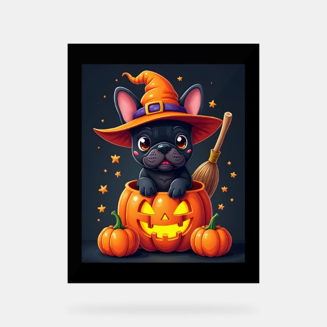 French Bulldog Witch Pumpkin Halloween Mens Womens Acrylic Sign (Front)