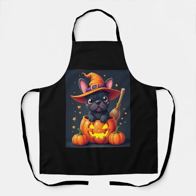 French Bulldog Witch Pumpkin Halloween Mens Womens Apron (Front)