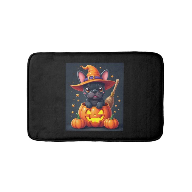 French Bulldog Witch Pumpkin Halloween Mens Womens Bath Mat (Front)