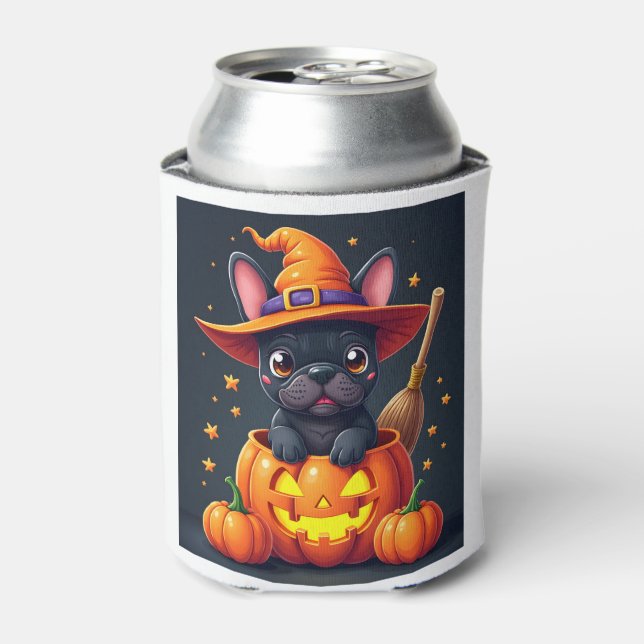 French Bulldog Witch Pumpkin Halloween Mens Womens Can Cooler (Can Front)