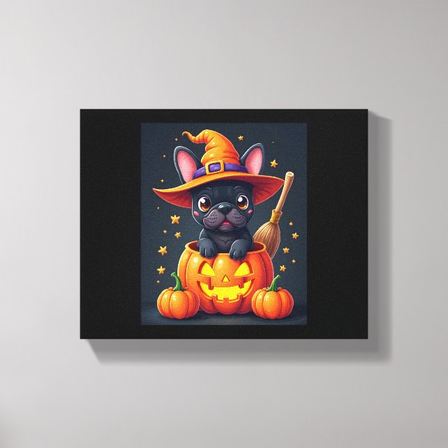 French Bulldog Witch Pumpkin Halloween Mens Womens Canvas Print (Front)