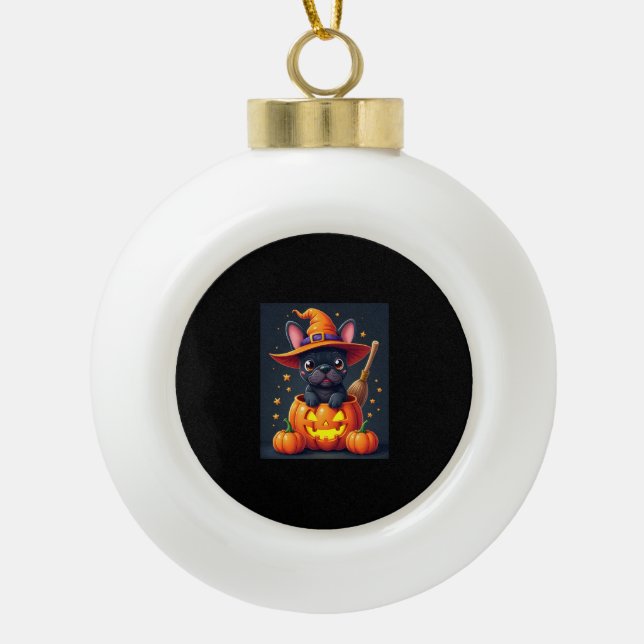 French Bulldog Witch Pumpkin Halloween Mens Womens Ceramic Ball Christmas Ornament (Front)