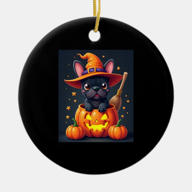 French Bulldog Witch Pumpkin Halloween Mens Womens Ceramic Tree Decoration (Front)