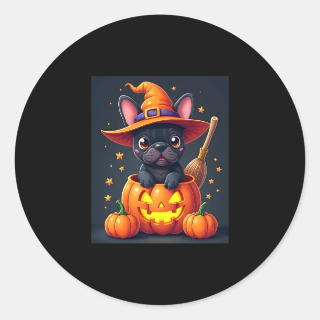 French Bulldog Witch Pumpkin Halloween Mens Womens Classic Round Sticker (Front)