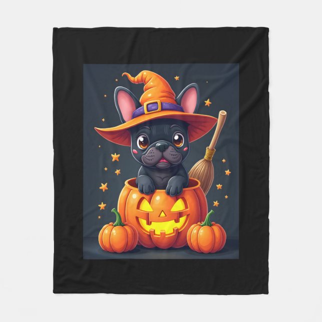 French Bulldog Witch Pumpkin Halloween Mens Womens Fleece Blanket (Front)