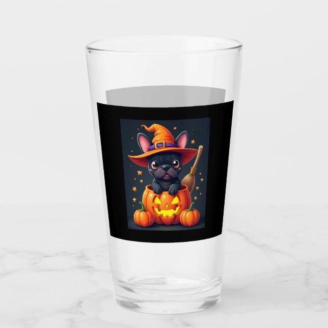 French Bulldog Witch Pumpkin Halloween Mens Womens Glass (Front)