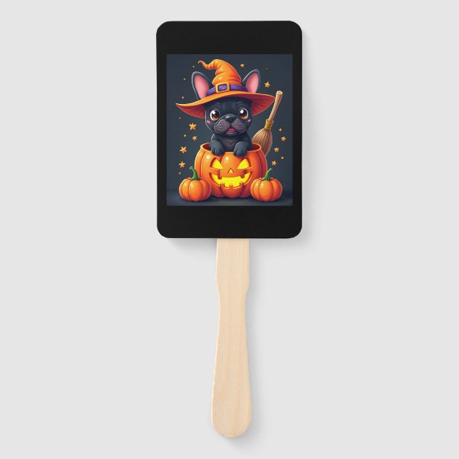 French Bulldog Witch Pumpkin Halloween Mens Womens Hand Fan (Front)