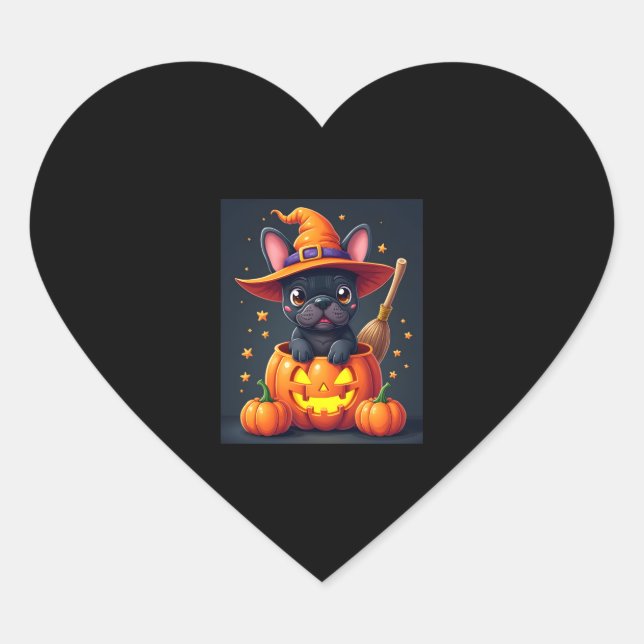 French Bulldog Witch Pumpkin Halloween Mens Womens Heart Sticker (Front)