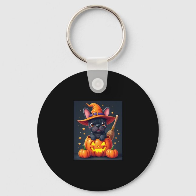 French Bulldog Witch Pumpkin Halloween Mens Womens Key Ring (Front)
