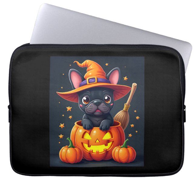 French Bulldog Witch Pumpkin Halloween Mens Womens Laptop Sleeve (Front)