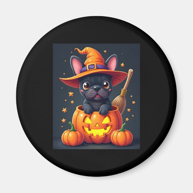 French Bulldog Witch Pumpkin Halloween Mens Womens Magnet (Front)