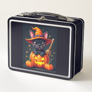 French Bulldog Witch Pumpkin Halloween Mens Womens Metal Lunch Box