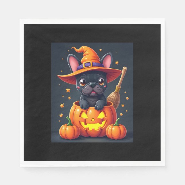 French Bulldog Witch Pumpkin Halloween Mens Womens Napkin (Front)